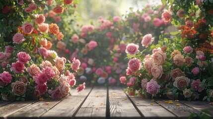 A captivating floral display at the forefront, set against a backdrop of a flourishing English rose garden, perfect for showcasing beauty products. - obrazy, fototapety, plakaty