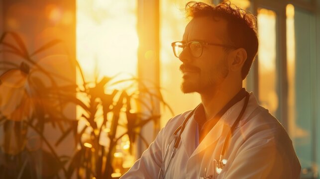 A man wearing a stethoscope is standing in front of a green plant, presumably examining or tending to it. The image captures the interaction between the man and the plant.