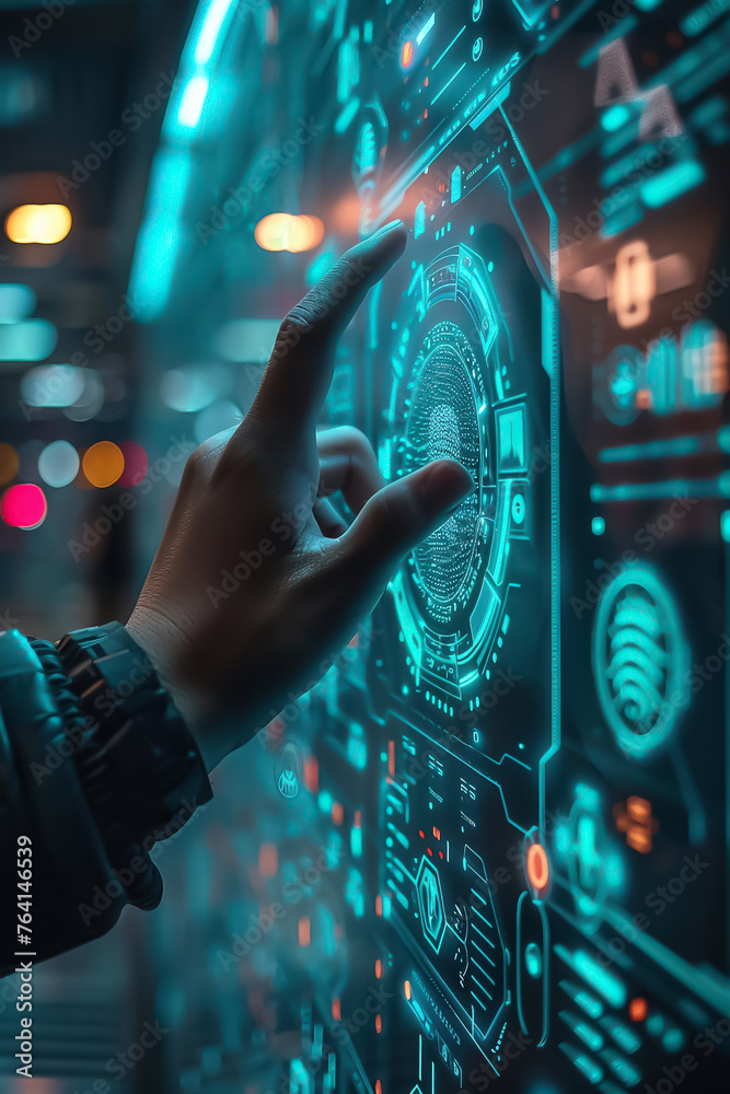 Aufkleber Person using biometric verification on an advanced digital security system interface