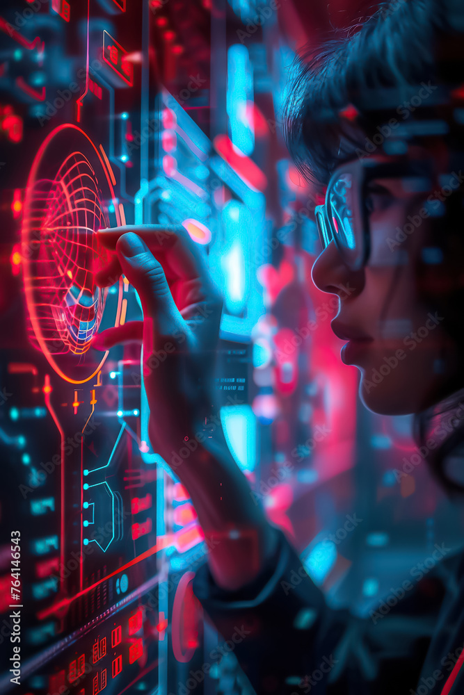 Poster Person using biometric verification on an advanced digital security system interface