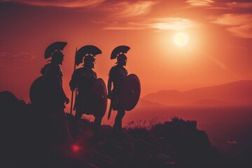 Silhouette of Roman soldiers on patrol in a desert landscape at midday, with a hot sun overhead. - obrazy, fototapety, plakaty
