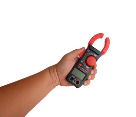 Red Digital clamp meter in hand on white background.