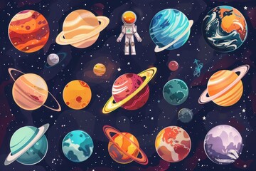 Background design with many planets in space illustration. Space icon set and astronaut