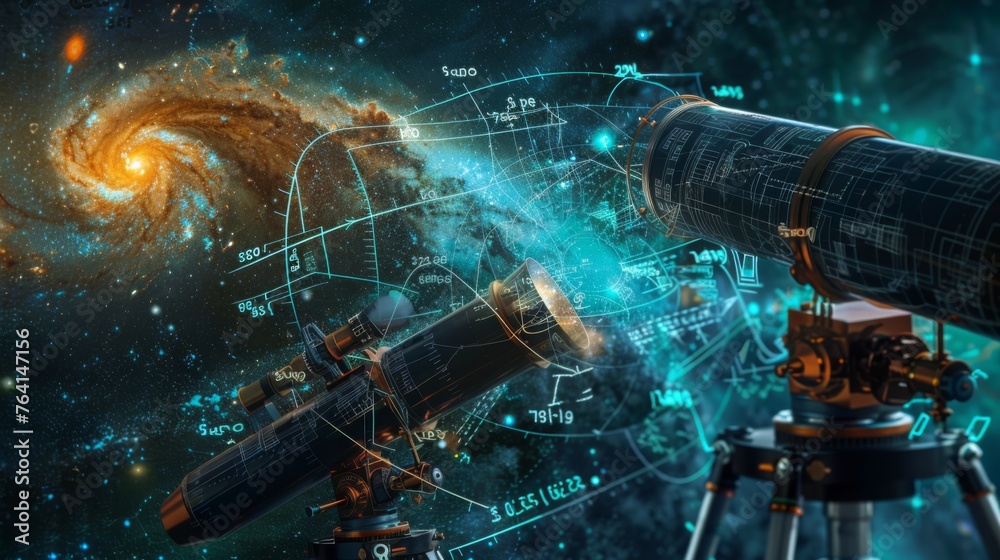 Poster A computer generated image of a telescope with a spiral galaxy in the background. The spiral galaxy is surrounded by a lot of mathematical equations and numbers