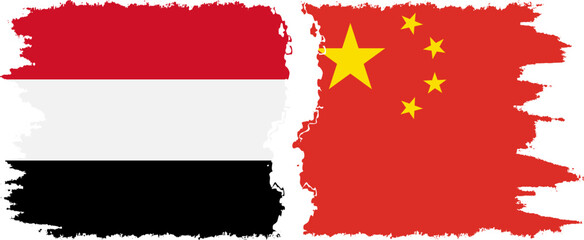 China and Yemen grunge flags connection vector
