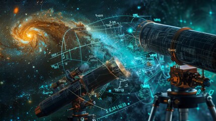 A computer generated image of a telescope with a spiral galaxy in the background. The spiral galaxy is surrounded by a lot of mathematical equations and numbers