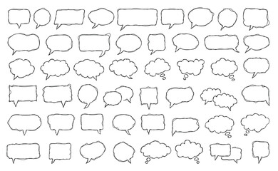 Hand-drawn collection of speech and thought bubbles in various shapes on a white background, vector.