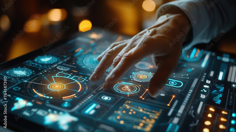 Poster professional manipulating futuristic digital interface with glowing blue graphs