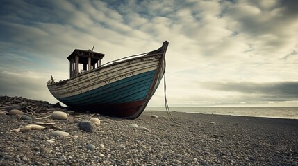 Nostalgic scene old fishing boat on sandy seashore, recalling tranquil coastal memories - obrazy, fototapety, plakaty