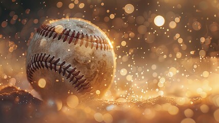 Fototapeta na wymiar Vintage baseball amidst a magical dance of glitter and bokeh lights