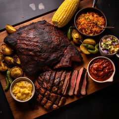 texas bbq with corn on the cobb, top view created with Generative Ai