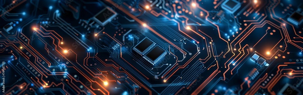 Poster detailed view of a computer circuit board showing intricate patterns of interconnected electronic co