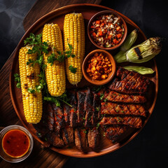 texas bbq with corn on the cobb, top view created with Generative Ai