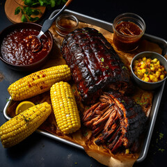 texas bbq with corn on the cobb, top view created with Generative Ai
