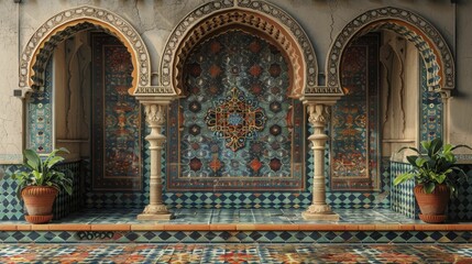 Elevate your home decor showcase with a mesmerizing Mosaic Podium against a lively Moroccan Souk backdrop.