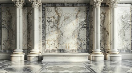 Experience the perfect setting for showcasing classical sculpture reproductions with a majestic marble podium against a Renaissance art gallery backdrop.