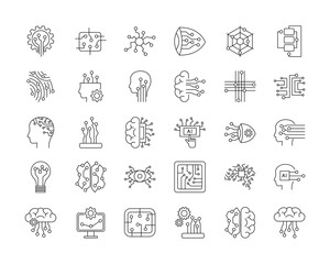 Artificial intelligence icon set in simple line style. Pictograms of digital AI technology, machine learning, smart robotic. isolated outline vector illustration