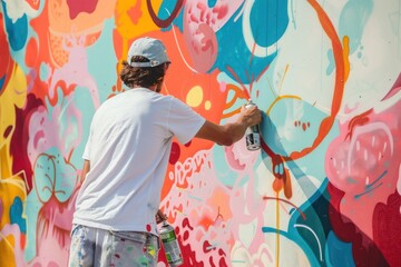 Obraz premium Artist painting a colorful mural in the skate park with a spray paint. Street art graffiti. Urban way of life.