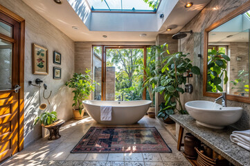 Fototapeta premium Tranquil Spa Oasis: Bathroom with Large Tub, Sink, and Lush Greenery