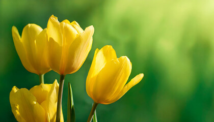 Naklejka premium Elegant yellow tulips. Cute flowers. Spring season. Beautiful floral banner with blurred green background