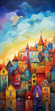 Urban landscape with fantasy fairytale houses drawn in watercolor.
