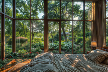 Serene Bedroom Retreat: Large Bed with Garden View Wall of Windows
