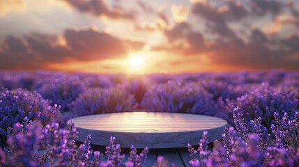 Radiant Sunlight Podium, front view focus, with a Lavender Field at Sunrise Background, ideal for natural beauty products product displays. - obrazy, fototapety, plakaty
