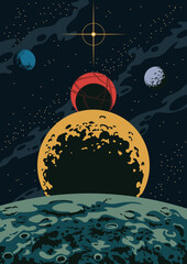 Parade of Planets, Space Illustration. Unknown Planets, Craters, Stars, Moons - obrazy, fototapety, plakaty
