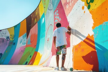 Artist painting a colorful mural in the skate park with a spray paint. Street art graffiti. Urban way of life.