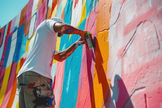Artist painting a colorful mural in the skate park with a spray paint. Street art graffiti. Urban way of life.