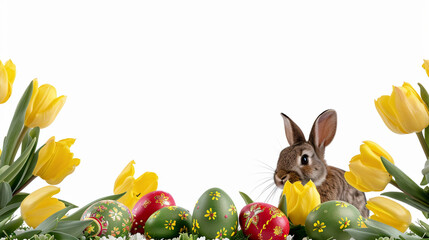 Fototapeta na wymiar easter bunny with easter eggs and tulips isolated on white with copy space 