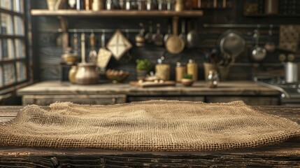 Enhance your rustic home goods showcase with a vintage farmhouse kitchen backdrop and a rustic burlap podium in the front view. - obrazy, fototapety, plakaty