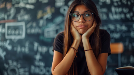 A thoughtful student rests her chin on her hands against a backdrop of complex equations on a chalkboard.