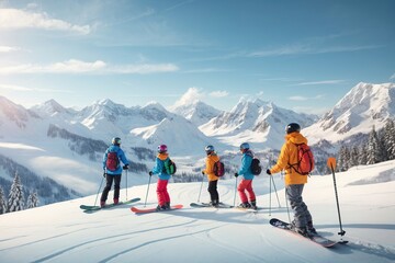 family in a snow mountain skiing - obrazy, fototapety, plakaty