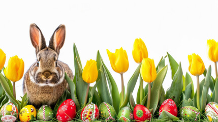 Fototapeta na wymiar easter bunny with easter eggs and tulips isolated on white with copy space 