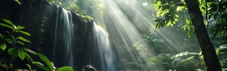 A massive waterfall cascades down a rocky cliff in the heart of a lush jungle, surrounded by...