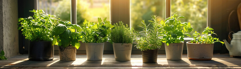 A well-lit kitchen corner with a variety of fresh herbs on the windowsill basking in sunlight - obrazy, fototapety, plakaty
