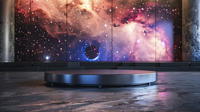 A futuristic display setting for showcasing advanced astronomical gear against a space museum backdrop on a sleek titanium podium.