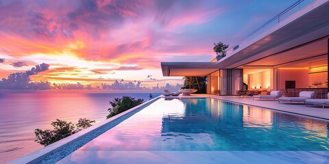 luxury poolside villa with bright colors of tropical sunset - obrazy, fototapety, plakaty