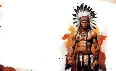 Watercolor sketch. Portrait of ferocious athletic North American Indian warrior. - 764149708