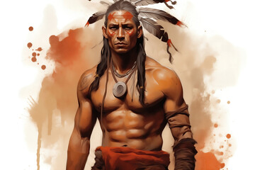 Watercolor sketch. Portrait of ferocious athletic North American Indian warrior. - 764149710