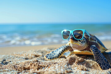 Fototapeta na wymiar A turtle is laying on the beach wearing sunglasses. The scene is bright and sunny, and the turtle is enjoying the warmth of the sun. cute funny turtle on the beach wearing sunglasses design