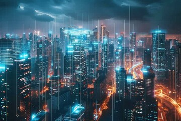 Fototapeta na wymiar A futuristic metropolis governed by AI algorithms ensuring optimal resource distribution and social harmony