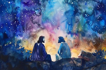 Watercolor artwork of Jesus Christ in conversation with Nicodemus under the starry night sky.
