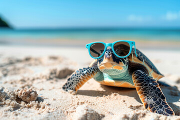 Fototapeta na wymiar A turtle is laying on the beach wearing sunglasses. The scene is bright and sunny, and the turtle is enjoying the warmth of the sun. cute funny turtle on the beach wearing sunglasses design