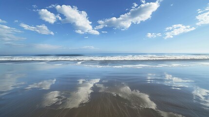 Fototapeta premium Gazing from the empty shore, witness the boundless meeting of sky and sea on the endless Pacific horizon.
