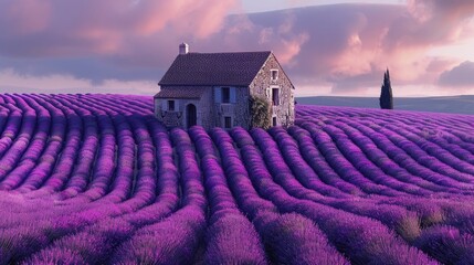 The endless rows of a lavender field in Provence, with a solitary farmhouse nestled in the vast purple expanse, evoking the scale of agrarian life.