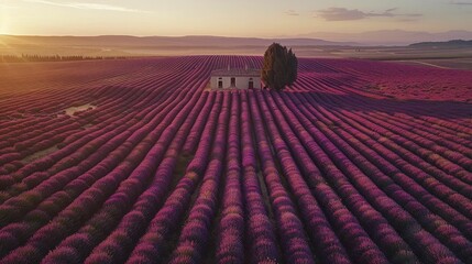 A serene farmhouse stands alone amidst endless lavender rows in Provence, echoing the grandeur of rural existence. - obrazy, fototapety, plakaty