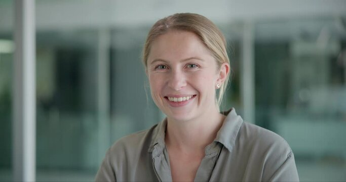 Business woman, face and happy at computer for professional and confident for job satisfaction in office. Hr consultant, portrait and smile for career productivity, desk and commitment in workplace