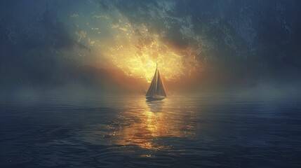 The first light of dawn breaking over a vast ocean, illuminating a solitary sailboat and highlighting the expanse of the sea. - obrazy, fototapety, plakaty